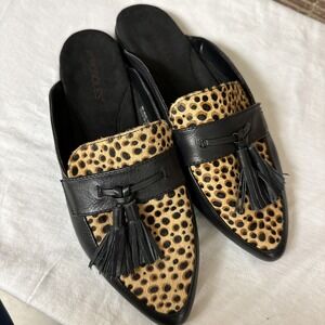 Women's AEROSOLES 9 Leopard‎ Slides Slip on Tassels Black Leather Shoes